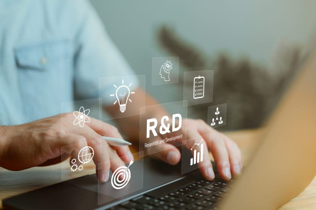 Businessman working with r and d sign. R D icon network business technology concept, R&amp;D, Research and development, strategy, action plan, manage and working project more efficiently.